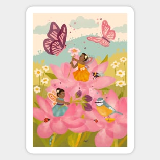 Beautiful Black Flower Fairies playing with their woodland friends Sticker